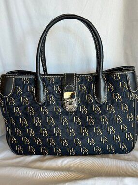 Dooney & Bourke DB Monogram Canvas Satchel Handbag Black Leather Trim